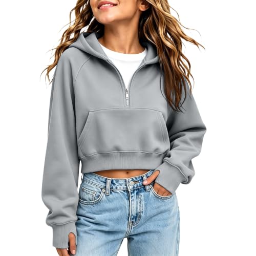 Image of Cropped Raglan Half Zip Hoodie for Girls Teens Casual Long Sleeve Pullover