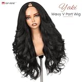 WIGNEE V Part Yaki Wig z modnymi klapkami 66 cm 230 g Natural Black Heat Resistant Synthetic Half Wig for Women, bezszwowa mieszanka naturalny wygląd włosów na co dzień bez zajętych poranków