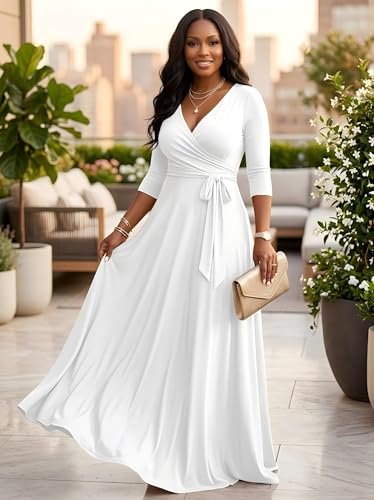 Image of PinkPatty Women's Plus Size Maxi Dresses Casual Flowy 3 /4 Sleeves Dress Printed Vacation Dress for Daily Wear with Belt