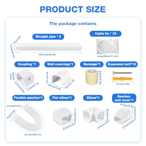 Image of HASTHIP 8Pcs Air Conditioner Pipe Concealing Set, 3'' Width, 40'' Straight Pipes and Vertical /Horizontal Elbows, Universal PVC Indoor Outdoor Pipe Cover, Decorative PVC Tubing Cover Kit