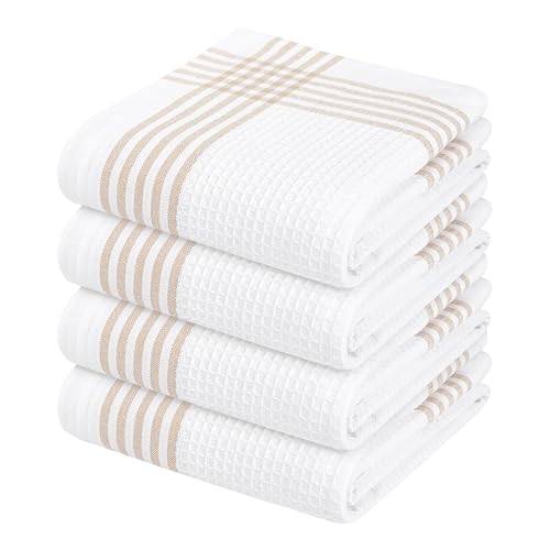 Image of Waffle White & Beige Kitchen Dish Towels 4 Pack, 100% Cotton, 16x26 inches, Durable Dish Cloths Set, Quick Dry Kitchen Rags, Everyday Use Cooking and Cleaning Hand Towels, Bar Towel