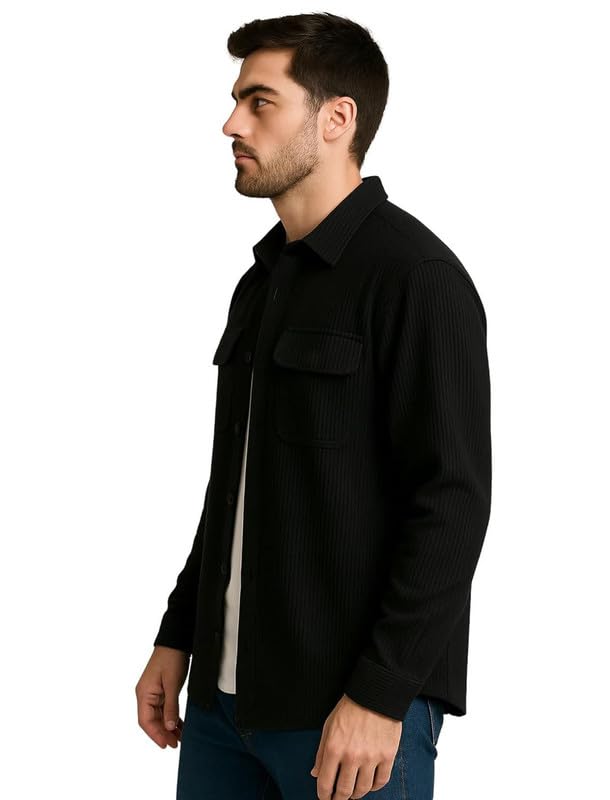 Image of DEELMO Men's Full Sleeve Corduroy Shirt | Stylish Textured Casual Button-Down Shacket for Autumn Winter | Dual Pocket Front Design | Ideal for Layering and Daily Outfits