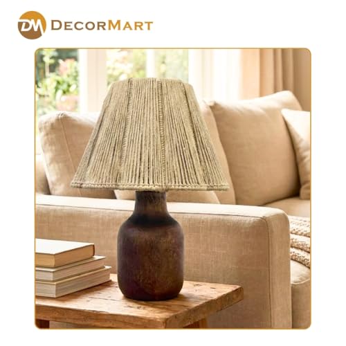 Image of The Decor Mart Jute Shade Table Lamp with Wooden Base|Sleek Decor Decorative Beside Light for Desk,Bedroom, Living Room, Home Office and Hotel(20x20x30 cm) (Brown)