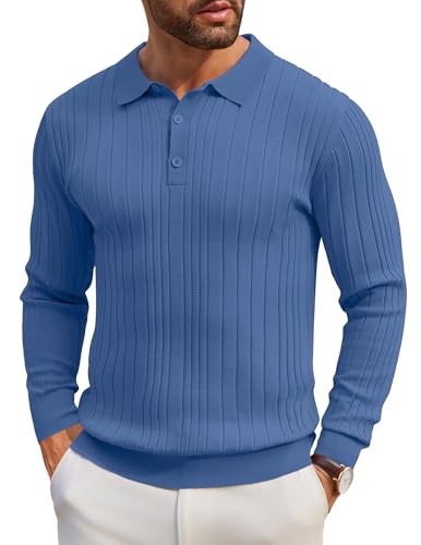 COOFANDY Men's Knit Polo Shirts Long Sleeve Casual Button Down Ribbed Polo Shirt Fashion Golf Shirts, Denim Blue, XXL