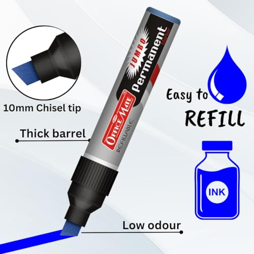 Image of Soni Officemate Jumbo Permanent Marker | Pack of 2 (Blue) | Waterproof, Quick-Drying | Jumbo Barrel | Refillable & Low Odor | 10mm Tip