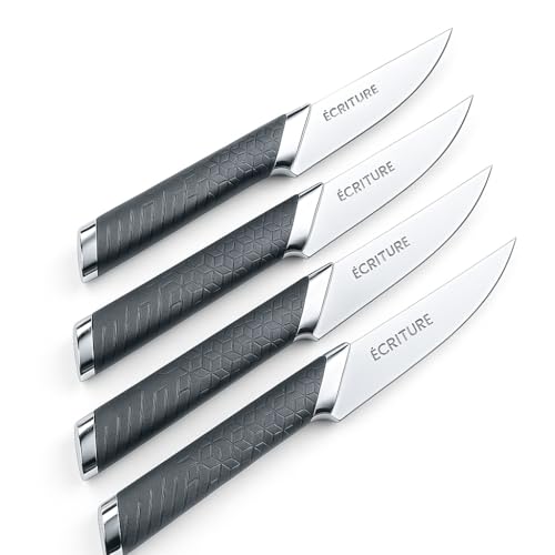 cozydiscount Écriture Kitchen. Set de 4 Couteaux à Steak - Acier Japonais AUS-10 - Design français