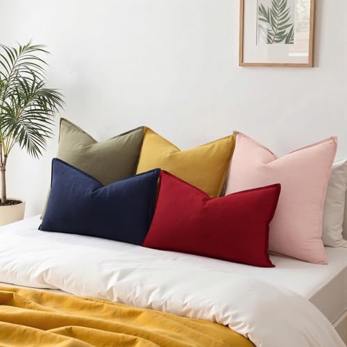 Image of decorUhome Decorative Linen Throw Pillow Covers 12x20 Inch Set of 2 Navy Blue Lumbar Coastal Pillow Covers with Flange Edges Soft Farmhouse Boho Accent Pillow Cases for Couch Bed