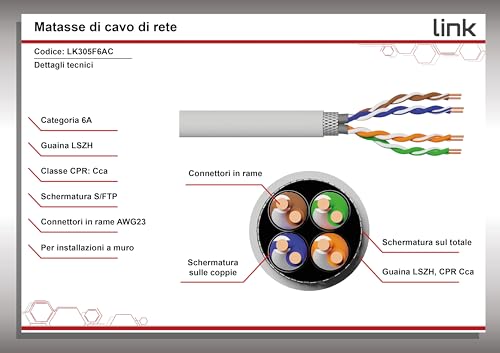Link LK305F6AC - Cavo Solido Schermato S/Ftp Per Reti Catyegoria 6A Lszh AWG23 In Rame Matassa MT305 Classe Cpr Cca - 10