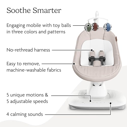 UPPAbaby Mamaroo Smart Swing – 5 motions + 5 speeds + 4 sounds with MotionSync Technology – Infant Recline + Bluetooth Enabled – Included Newborn Insert – Charlie (Sand Mélange) - Image 5