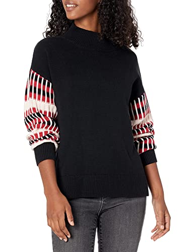Cable Stitch Women's Dropped Shoulder Contrast Sleeve Sweater - Mock Neck Long Sleeve Loose Fit Pullover Top (Small, Black)