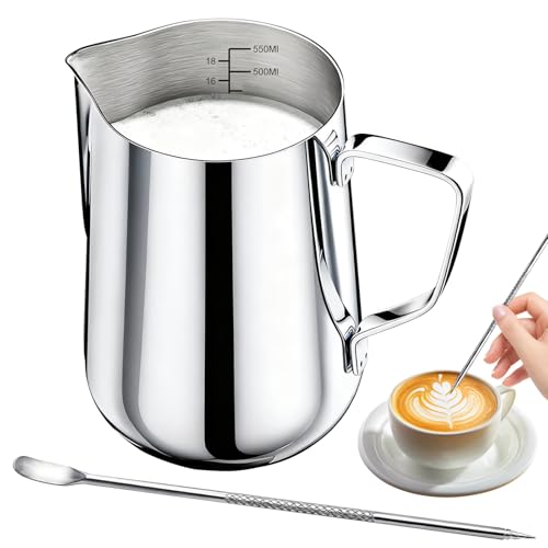 Tbintul 600ml/20oz Edelstahl Milchkännchen, Handheld Milchaufschäumer mit Dekorationsstift & Skala, Milchkanne Barista, Milchkanne Ideale für Espresso, Cappuccino, Latte, Silber