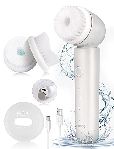 KINGDO Facial Cleansing Brush,3 Vibrating Modes Face Scrubber Waterproof Rechargeable for Exfoliating Removing Blackhead Deep Cleaning 2 Soft Brush Heads Holiday Gifts Set for Women