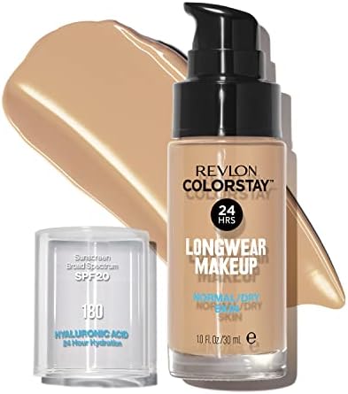 Liquid Foundation by Revlon, ColorStay Face Makeup for Normal & Dry Skin, SPF 20, Longwear Medium-Full Coverage with Natural Finish, Oil Free, 180 Sand Beige, 1 Fl Oz