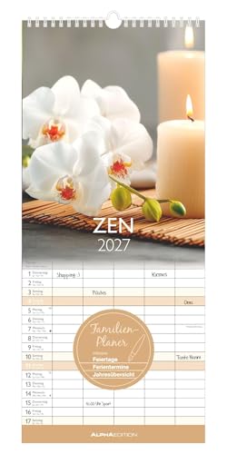 Zen 2027: Familienkalender 19 5x45 cm mit 5 Spalten Naturfotografien Feiertagen & 4-sprachigem Kalendarium ideal für Familienorganisation