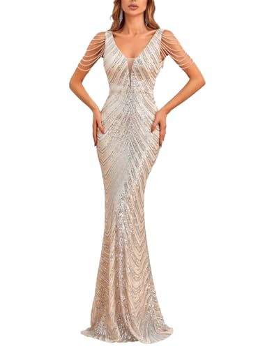 Mermaid/Trumpet Evening Dresses Sparkle & Shine V Neck Brush Train Formal Dresses with Sequined 2024