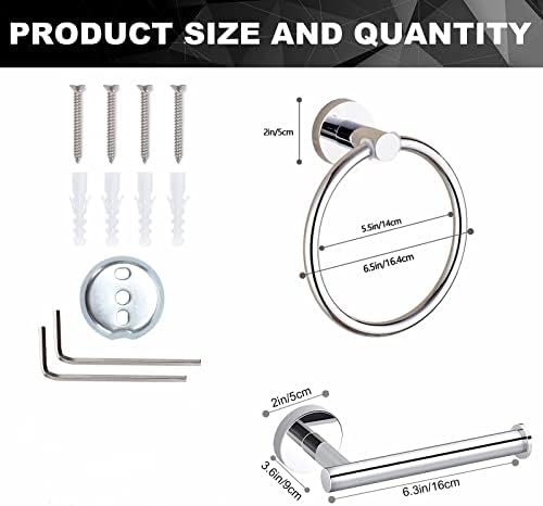Toilet Roll Holders and Towel Ring Holder Wall Mounted, AYIYUN Chrome Bathroom Accessories Toilet Paper Holder, Silver Stainless Steel Bath Towel Ring Bar Hardware Kit (2 Pieces)