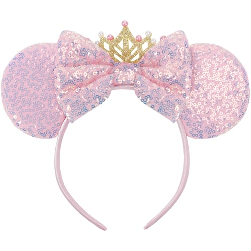 CANMIL Pink Sparkle Princess Bow Headband for Girls, Cute Sequin Hair Beauty Accessories (Pink Crown)