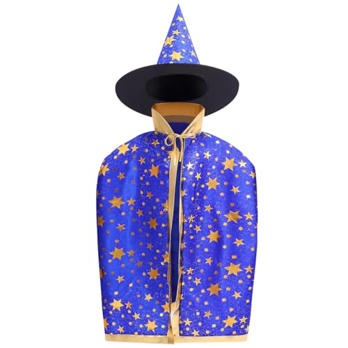 BESPORTBLE Zauberer Kostüm Kinder Verkleidungskiste für Kinder Kostüm Halloween Wizard Cape Witch Umhang mit Hut Kinderkostüm Hexenhut Faschingskostüm für Karneval Fasching Cosplay Junge Mädchen, Blau