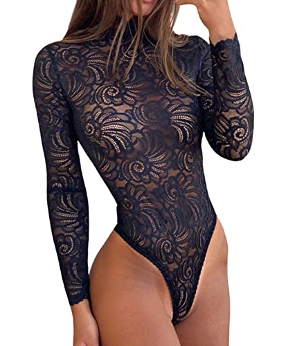 Damen Body Sexy Sheer Mesh Langarm Bodysuit Durchsichtiges Netz Bodycon Strampler Skinny Lace Bodysuit Cover