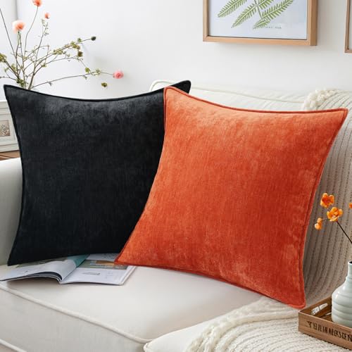 decorUhome Couch Throw Pillow Covers 18x18 Set of 2, Decorative Soft Euro Neutral Chenille Pillow Covers with Elegant Design for Sofa Bed Living Room Home Decor, Black