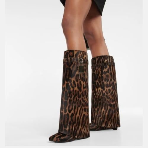 Image of keleimusi Fold Over Wedge Boots Heeled PadLock Pant Knee High Shoes Tall /Short Booties