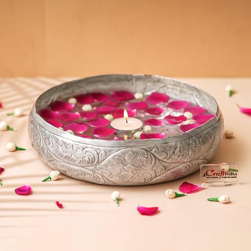 Image of eCraftIndia Floral Designer Silver Metal Urli Bowl for Home Decoration Office Tv Unit Kitchen Showpiece for Good Luck | Urli for Living Room Diwali Gift