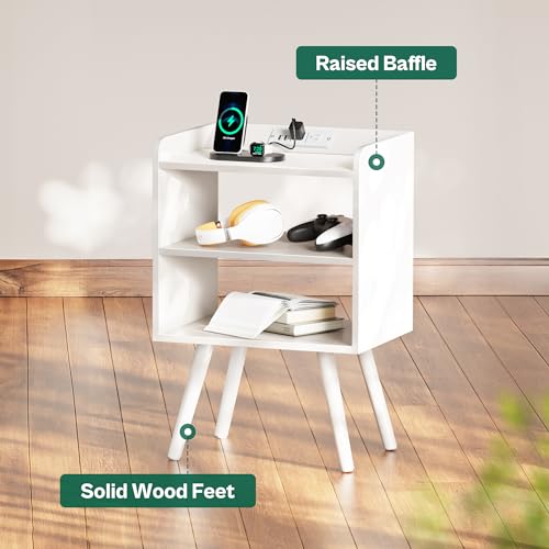 Image of Huuger Night Stand with Charger Station, White Nightstand, Bedside Table, 3 Tier End Table with Solid Wood Feet, Slanted Power Panel, Side Table with Storage for Bedroom
