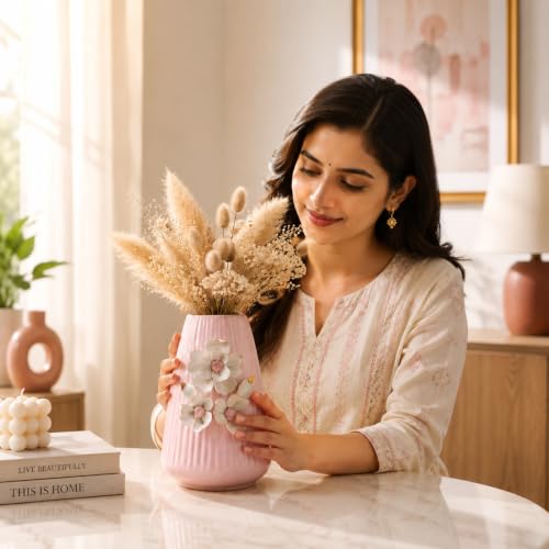 Image of MARKET 99 Ceramic Flower Vase (Pink) | Engraved Ribbed Floral Pattern | Decorative Floral Vase for Fresh & Artificial Flowers | Elegant Home, Living Room & Office Table Decor
