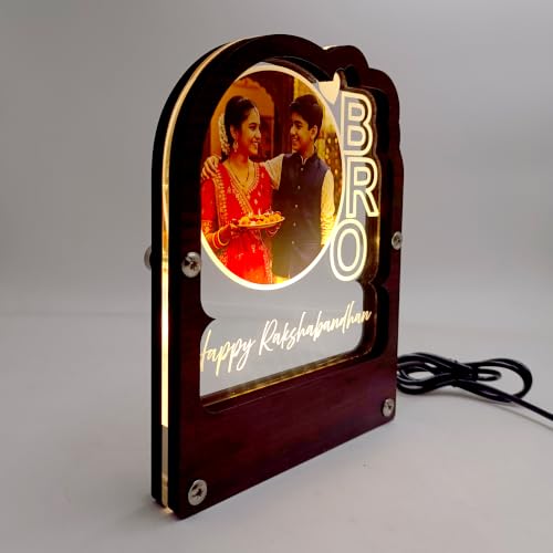 Image of lampees Personalised Rakshabandhan BRO LED Photo Frame Stand | Warm LED Illumination, Dark Wood & Acrylic, Custom Photo Upload