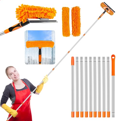 Outils de nettoyage de vitres Raclette pour fenêtre : kit de nettoyage de vitres professionnel double face 2 en 1 avec manche extensible, dépoussiéreur de plus de 6 mètres pour plafonds hauts, éponge