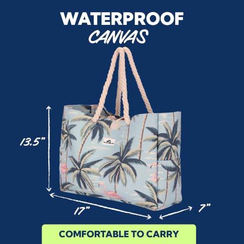 Image of SUN NINJA Canvas Beach Tote Bag with 3 Pockets and a Wooden Closure Toggle