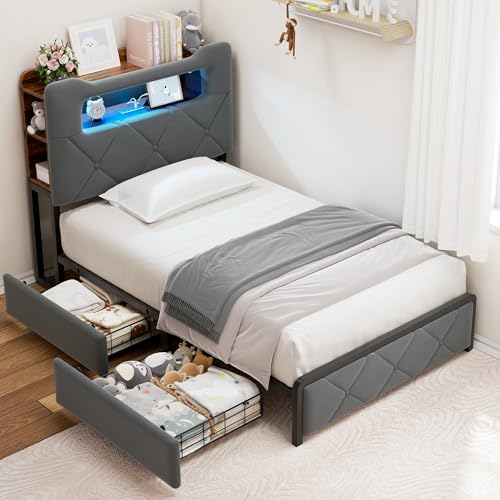 Image of Jocoevol Twin Upholstered LED Bed Frame with 2 Storage Drawers and 2-Tier Storage Bookcase Headboard, Velvet Platform Bed for Kids/Girls/Boys, Heavy Duty Metal Support, No Box Spring Needed, Grey