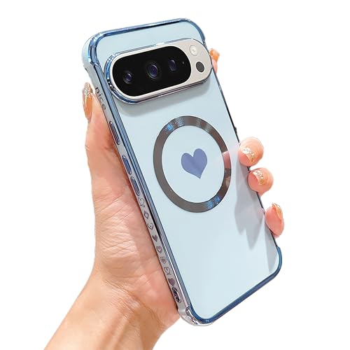 phylla Magnetic Phone Case for Google Pixel 9/9 Pro 6.3" 5g [ Compatible with MagSafe ] Luxury Plating Cute Love Heart Protective Cover for Women Soft Shockproof Side Heart Pattern Bumper (Blue, 9)