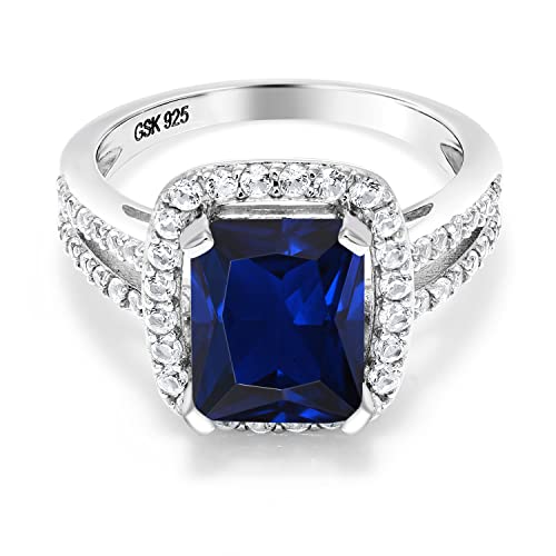 Gem Stone King 925 Sterling Silver Blue Simulated Sapphire Engagement Ring For Women (4.58 Cttw, 10X8Mm Emerald Cut, Available In Size 5, 6, 7, 8, 9) #TOP20