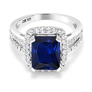 Gem Stone King 925 Sterling Silver Blue Simulated Sapphire Engagement Ring For Women (4.58 Cttw, 10X8MM Emerald Cut, Available in size 5, 6, 7, 8, 9)