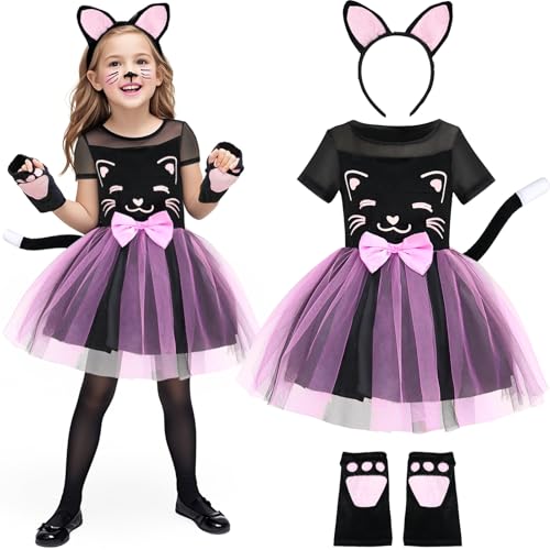 G.C Vestido gato menina disfarce de gato com orelhas de gato diadema de gato luvas disfarce de animal disfarces para carnaval Halloween Natal cosplay (120, 5-6 anos)