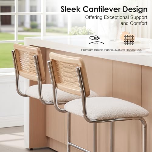 Image of ONEVOG Rattan Counter Height Bar Stools Set of 2, 26 inch Boucle Barstools with Natural Solid Wood Cane Back & Matte Black Metal Legs, Upholstered Counter Kitchen Island Chairs, Cantilevered Design, White