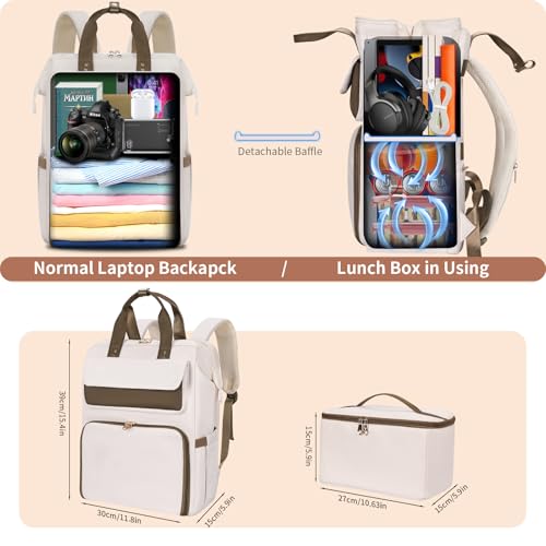 Image of BERTASCHE Lunch Backpack for Women, 15.6 Inch Laptop Backpack with Insulated Cooler Lunch box, Nurse Backpack for Teacher Work Travel College Picnic, Beige