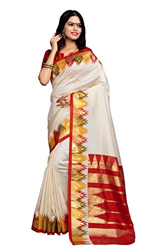 Applecreation Women's Kanchipuram Art Silk Saree With Un-stitched Blouse (7PJ5009_Off-White)