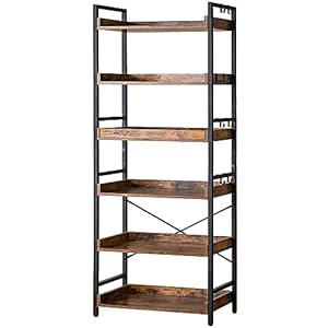 HCHQHS Adjustable 6 Tier Open Bookcase, Rustic Farmhouse Book Shelves, Industrial Wood and Black Metal Bookshelves, Mid Century Bookcase for Home Office Living Room Bedroom