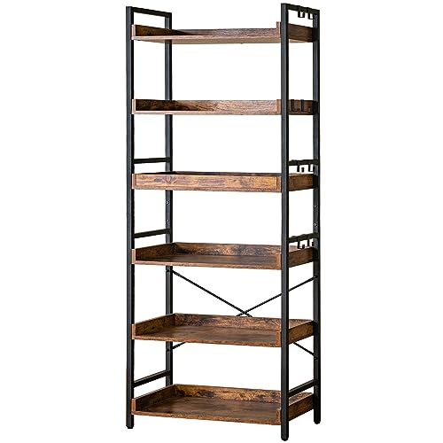 HCHQHS Adjustable 6 Tier Open Bookcase, Rustic Farmhouse Book Shelves, Industrial Wood and Black Metal Bookshelves, Mid Century Bookcase for Home Office Living Room Bedroom