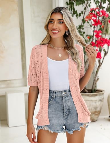 Image of Zeagoo Women's Short Sleeve 2026 Summer Crochet Cropped Cardigan V Neck Button up Bolero Shrug Sweater