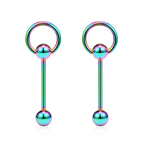 Ruifan 2PCS 14G 3/4Inch Door Knocker Internally Threaded Surgical Steel Straight Barbell Nipple Tongue Ring Piercing - Rainbow