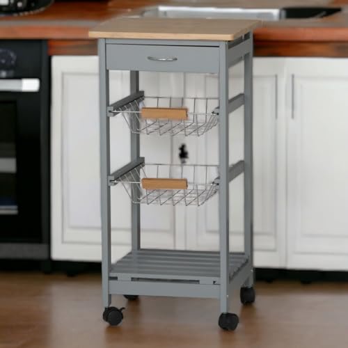 URBNLIVING 3-Tier Mobile Bamboo-Top MDF Kitchen Trolley Cart with Drawer and Shelves on Wheels - Image 2