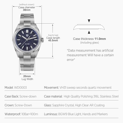 Image of watchdives WD0003 Original Design Aventurine Men Watch VH31 Sweep Second Quartz Watch 36mm Sapphire Crystal Luxury Wristwatch 100m Waterproof Stainless Steel