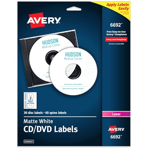 Image of Avery Printable CD Labels, Matte White, Permanent Adhesive, Laser Printer Compatible, 30 Disc & 60 Spine Labels, Ideal for CDs, DVDs, PC Discs, Media Projects & More (6692)