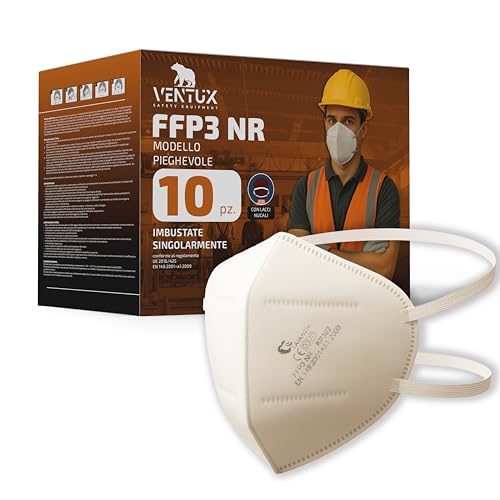 VENTUX SAFETY EQUIPMENT 10 pz Mascherine FFP3 NR | Filtrazione ≥99% | Senza Valvola | Certificato CE 0370 | Massima Protezione e Comfort