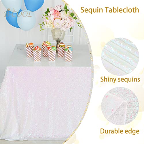 Image of B-COOL Iridescent Tablecloth Sequin Tablecloth Glitter Rectangle 90x90 inches White Iridescent Sparkle Sequin Fabric for Wedding Party Birthday Home Decoration