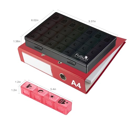 Image of Fullicon Large Weekly Pill Organizer 4 Times a Day, 7 Day, Black Rainbow | Each Compartment Holds up to 9 Fish Oils, 10 Vitamins, or 16 Capsules, Secure Double Latch, Clear Day Labels