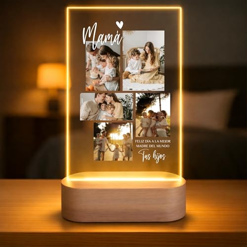 Lámpara Personalizada para Mamá con Foto y Mensaje – Regalo Día de la Madre Original con Luz LED en Placa de Metacrilato y Base de Madera Grabable Opcional